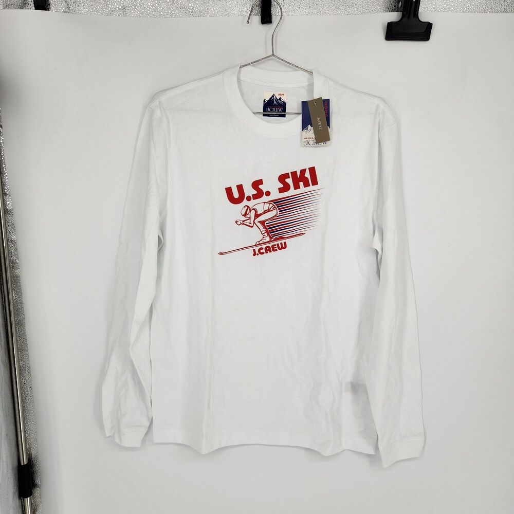 NWT J Crew Men's Small White U.S Ski Long Sleeve Graphic Tee Premium Weight